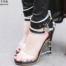 Qianruiti Summer Sandals Women Strange Metallic High Heels PVC Stilettos Ankle Strap Locked Stilettos Runway Party Sandals 2024 - buy cheap