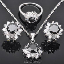 Высокое качество Черный фианит женский серебряный цвет Ювелирные наборы серьги ожерелье кольца JS0301 2024 - купить недорого
