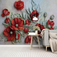 Beibehang papel de parede personalizado sala de estar quarto mural 3d em relevo flores vermelhas fundo parede pintura decorativa papel de parede 2024 - compre barato