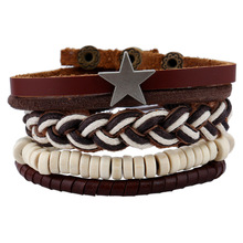 Pulseira de couro genuíno artesanal punk, bracelete com a estrela meta para homens, bracelete com múltiplas camadas de couro retrô tecido (5 espaços) 2024 - compre barato