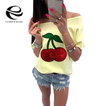 Женская Повседневная футболка с коротким рукавом, расшитая блестками и принтом вишни, с открытыми плечами, большие размеры 5XL, лето 2019 2024 - купить недорого