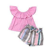 New Toddler Kid Baby Girl Summer Off Shoulder  Clothes Ruffle T-shirt Top+Stripe Shorts Outfits 2024 - buy cheap