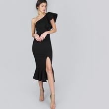 2018 New Black One Shoulder Split Dress Fishtail Trumpet Bodycon Robo vendaje Vestido Mid Calf Dress 2024 - buy cheap