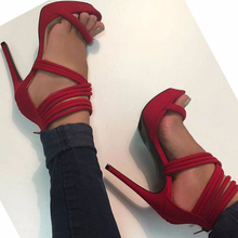 Sandália feminina dedo aberto camurça vermelha correias cruzadas combinadas plataforma alta sandálias tornozelo gladiador sapatos 2024 - compre barato