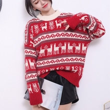 Inverno feminino camisola de natal com deer jacquard coreano o-pescoço manga comprida pulôver engrossar quente solto casual malha suéteres 2024 - compre barato