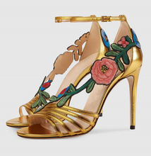 Moraima Snc Flower Embroidery High Heel Sandals Gold Leather Peep Toe Ankle Strap Party Dress Heels Summer Sandals 2024 - buy cheap