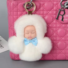 Fasnion 12cm Cute Sleeping Baby Doll Key Chain Real Rex Rabbit Fur Keychain Fluffy Pom Pom Keyring Bag Car Trinket Women Gift 2024 - buy cheap