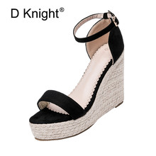 Big Size 43 44 Summer Women Platform 10cm High Heels Shoes Ankle Strap Wedge Sandals Elegant White Leather Ladies Office Sandals 2024 - buy cheap