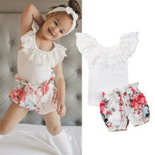 Girls Summer Clothes 2019 Toddler Baby Girls Solid Lace Sleeveless Vest Tops Floral Pants Outfits Set 0-24M Fashion Dropshipping 2024 - buy cheap