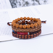4pcs/set hippie punk orange brown leather knots Layers tibetan buddha caved beads stackable wrap wide Bracelet Bangle for man 2024 - buy cheap