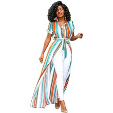 African Clothes Casual Multicolor Striped Printed Long Maxi Shirt Women Turn-down Collar Button Belt Blouse Robe Boho Beach Femm 2024 - buy cheap