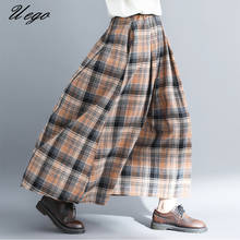 Uego England Style Fashion Printing Plaid Spring Skirt High Elastic Waist Cotton Linen Long Skirt 2019 New Women Casual Skirt 2024 - buy cheap