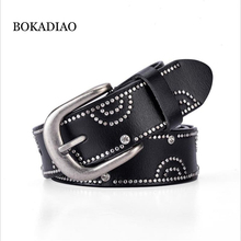 BOKADIAO women belt punk Pin buckle Vintage Rhinestone geometry Rivets luxury lady's original leather belts for women black belt 2024 - buy cheap