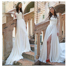Long Sleeve Full Lace Wedding Dresses Chiffon Beach A-Line Wedding Gowns High Slit vestidos de novia Custom Made 2021 2024 - buy cheap