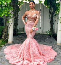 Sexy Pink Long Sleeves Prom Dress 2020 Mermaid Sequin Lace 3D Flower African Black Girl Formal Evening Graduation Gown Plus Size 2024 - buy cheap