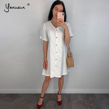 Yanueun 2019 Spring Summer White Solid Normcore Loose Dress Women Short Sleeve Elegant V-Neck Button Dress 2024 - buy cheap