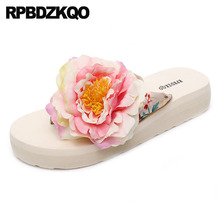 Platform Flip Flop Designer Slides Women 2021 White Flower Cute Big Size Satin Lady Flatforms Low Wedge Sandals Slippers Shoes 2024 - buy cheap