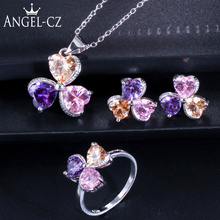 Angelcz sorte forma de trevo pave colorido coração zircônia cúbica cristal cor prata feminino colar brincos anel conjunto de jóias j175 2024 - compre barato