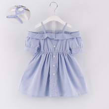 Meninas verão azul tira fora-the-shouder vestido bebê princesa vestido de fadas mais barato crianças vestido livre correspondência hairband dr19098 2024 - compre barato