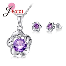 Luxury Classic 925 Sterling Silver  Rose Flower Necklace Purple Cubic Zirconia Stud Earrings Bride Wedding Jewelry Sets 2024 - buy cheap
