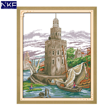 NKF Seaside Castle Stamped Cross Stitch Pattern DIY Kit Needlework Embroidery Sets Chinese Cross Stitch for Home Decor 2024 - buy cheap