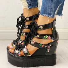 Zapatos de cuña con estampado en caliente para mujer, sandalias de plataforma con cordones, tacones altos, informales, 2019 2024 - compra barato