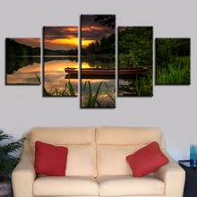Modular fotos da lona hd impresso 5 peças navio lago montanha natural pôr do sol paisagem cartaz pintura arte da parede decoração sala de estar 2024 - compre barato
