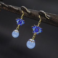 vintage ethnic Cloisonne lotus jewelry dangle earrings,fashion nature chalcedony  vintage earrings,new sky blue ethnic earrings 2024 - buy cheap