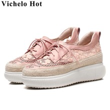 Vichelo Hot 2019 natural leather lace flowers embroidery lace up sneakers Spring brand med bottom round toe vulcanized shoes L12 2024 - buy cheap