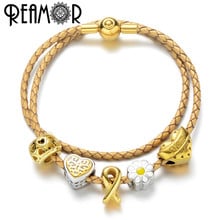 REAMOR Stainless steel Plating Gold Cancer Bead Charm Women Bracelets Genuine Leather Heart Beads Bracelet Jewelry For Mom Gift 2024 - buy cheap