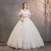 He's Bride New Simple Bride Boat Neck Lace Appliques Feather Floor-Length Cap Sleeve White Wedding Dress Vestido De Novia 2024 - buy cheap