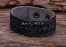 G89 Blue Vintage Floral Embossed Quality Leather Wristband Bracelet Wide Cuff Mens 2024 - buy cheap