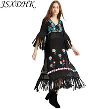 Jsxdhk runway feminina longo maxi vestido 2021 verão preto algodão borla bordado floral oco para fora retro étnico split praia vestido 2024 - compre barato