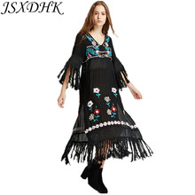 JSXDHK Runway Women Long Maxi Dress 2021 Summer Black Cotton Tassel Embroidery Floral Hollow Out Retro Ethnic Split Beach Dress 2024 - buy cheap