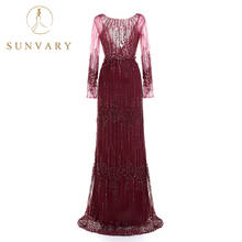 Sunvary High-end Luxury Sequins Women's Celebrity Dresses Floor Length Tulle Applique Red Dress Long Sleeve A Line Party Dress 2024 - buy cheap