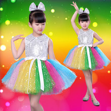 Vestido infantil para festa, roupas para meninas, fantasia moderna para dança de jazz, véu com lantejoulas, trajes choral 2024 - compre barato