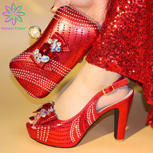Zapatos y bolsos italianos decorados con diamantes de imitación para mujer, calzado de tacón alto, color rojo, para fiesta 2024 - compra barato
