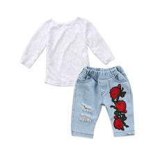 Kawgeett-conjunto de roupa de manga longa com renda 3d, para meninas recém-nascidas, com buracos, em jeans