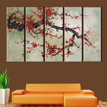 Handpainted Abstract Flower Oil Paintings Large 5 Piece Wall Painting Home Decor Art Handmade Chinese Red Plum Floral Pictures 2024 - buy cheap