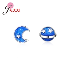 Newest Planet Series Shiny Blue Moon with Stars Design Real 925 Sterling Silver Exquisite Stud Earrings For Women Girls 2024 - buy cheap