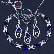 NEW 4PCS Blue Cubic Zirconia  Silver Color Jewelry Sets For Women Bracelets Necklace Pendant Earrings Rings Free Gift Box 2024 - buy cheap