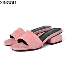 Fashion 2018 new leather women sandals and slippers female Med-heeled slippers comfortable women's slippers Square heel sandals 2024 - buy cheap