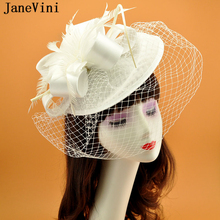 JaneVini Chapéu Elegante Do Casamento Branco Mulheres Fascinators Birdcage Véu Nupcial Grande Chapéus de Penas Senhoras Headwear Acessórios Do Casamento 2024 - compre barato