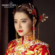 Himstory-tocado nupcial dorado y rojo tradicional chino, joyería para el cabello hecha a mano con borla larga, diadema de flores, alfileres para el cabello 2024 - compra barato