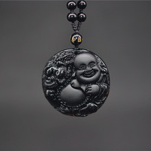 Colgante de amuleto de la suerte con diseño de Buda, colgante con forma de círculo obsidiana, color negro Natural 2024 - compra barato
