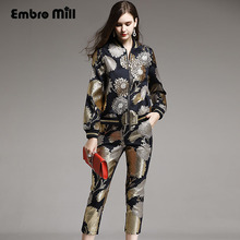 Fato floral feminino de outono e inverno, veste vintage, slim, miçangas + casaco jacquard enfeite feminino 2024 - compre barato
