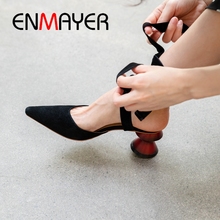 ENMAYER/женские модные туфли-лодочки на среднем каблуке, повседневные замшевые туфли с острым носком и ремешком с пряжкой, размер 34-40, LY2064, 2019 2024 - купить недорого