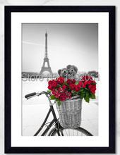 Modernas pinturas decorativas para casa, arte em tela, impressão romântica, torre eiffel, flores vermelhas, bicicleta, preto e branco, painel único 2024 - compre barato