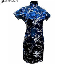 New Arrival Navy Blue Chinese Women's Satin Cheongsam Mini Qipao Dress Mujere Vestido Flower S M L XL XXL XXXL 4XL 5XL 6XL J4031 2024 - buy cheap