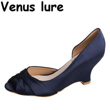 Zapatos de cuña hechos a mano para mujer, calzado con punta abierta, de otoño, azul marino 2024 - compra barato